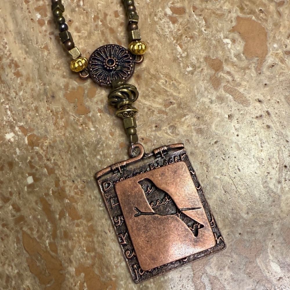 NEW Double Pendant Bronze  Beaded Necklace Bottom Coupled Cutout Bird Pendant